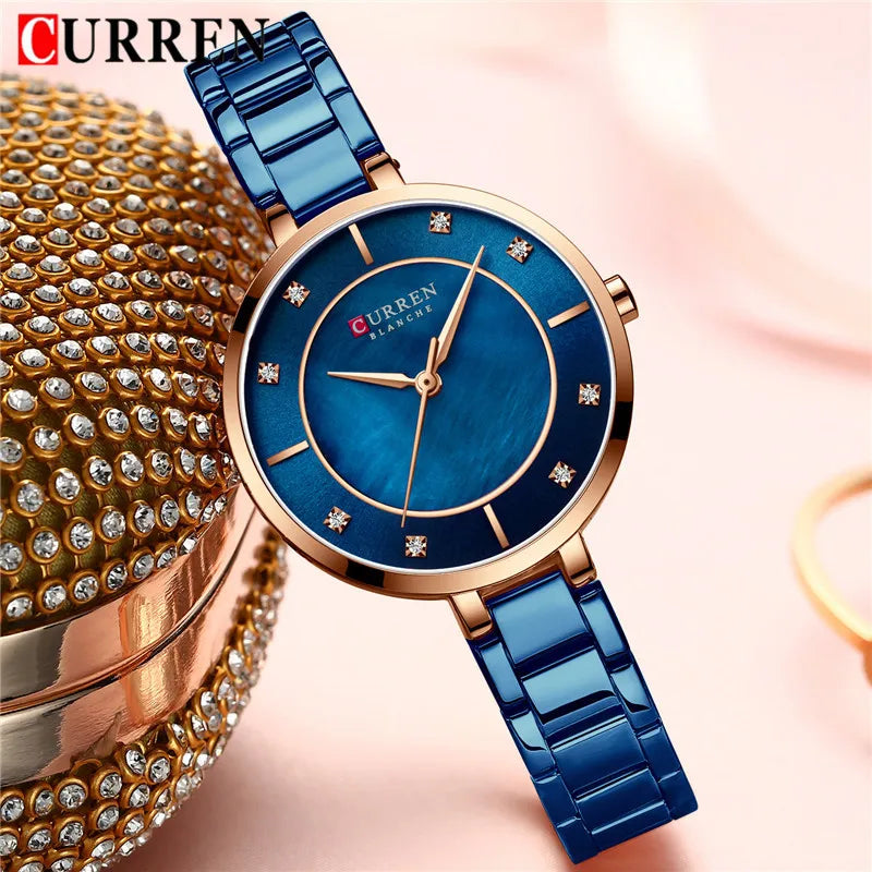 Luxury Gold Blue Ladies Wrist Quartz Watch Stainless Steel Classic Bracelet