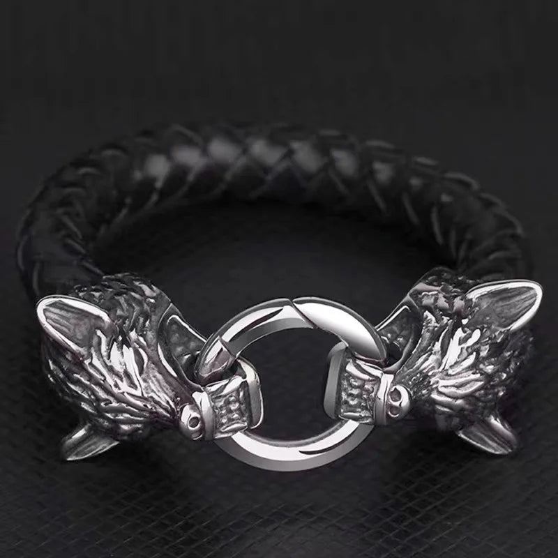 Wolf Head Leather Bracelet Men Domineering  Jewelry Men's Vintage Nordic Jewelry Gift