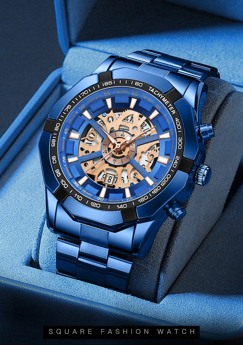 Men's Blue Metal Strap Waterproof Watch