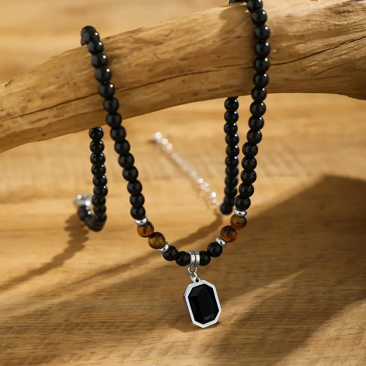 Black Beads with Square Pendant Necklace