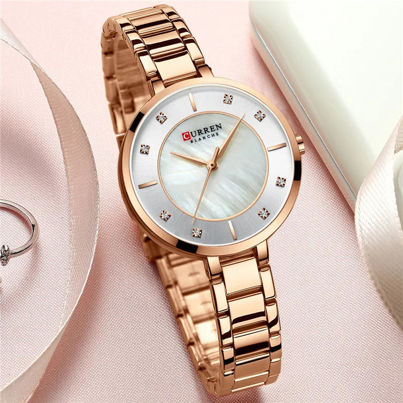 Luxury Gold Blue Ladies Wrist Quartz Watch Stainless Steel Classic Bracelet