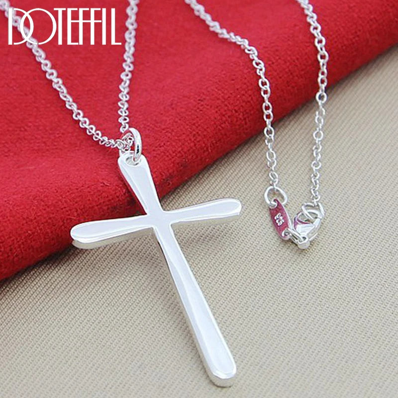 Sterling Silver Long Cross Pendant Necklace 18 Inch Chain For Woman