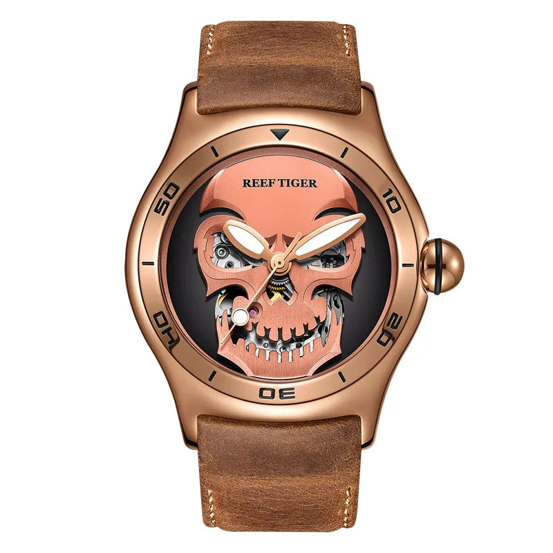 Reef Tiger/RT Top Brand Skull Automatic Mechanical Watch For Men Leather Strap Luxury Sport Male Wristwatch