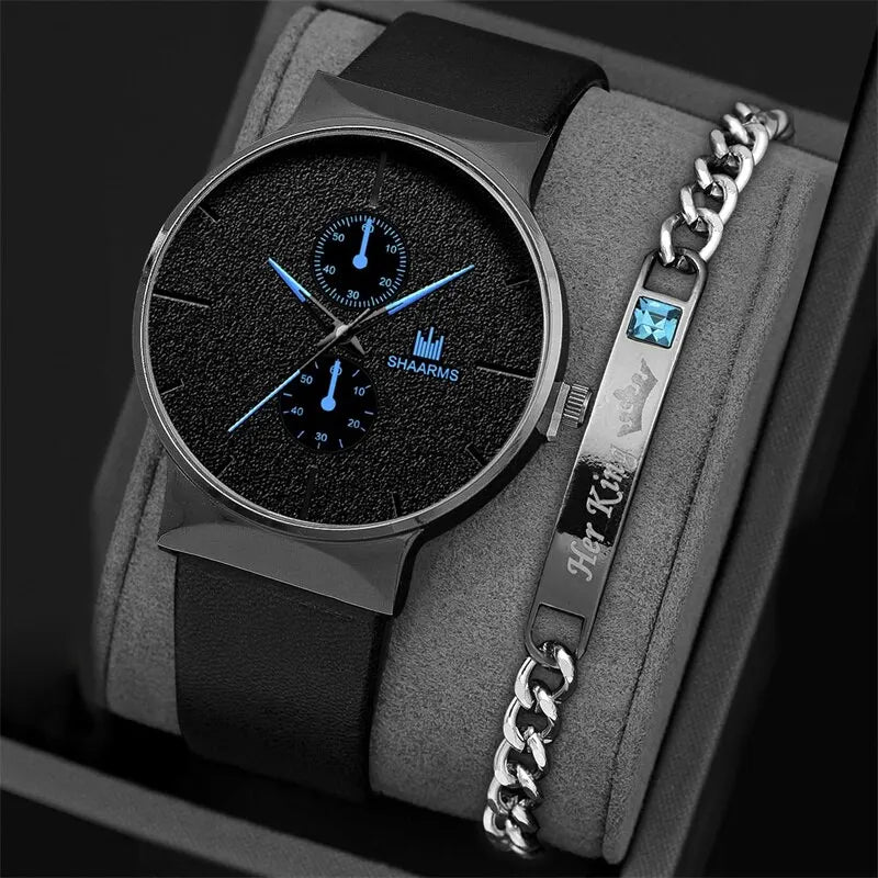 Mens Sports Business Quartz Wristwatch Bracelet Set