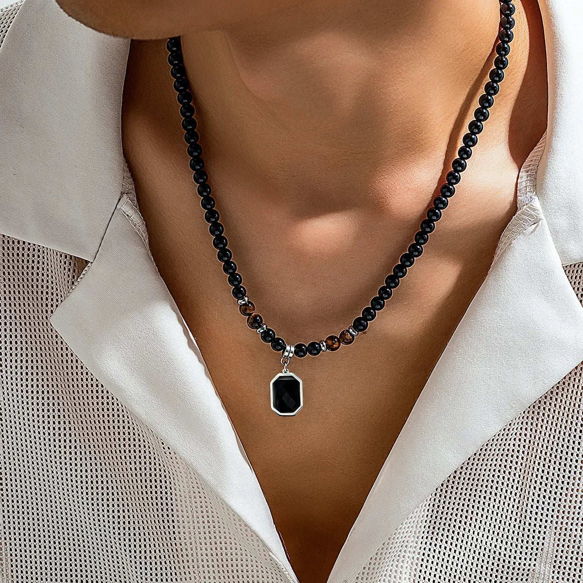 Black Beads with Square Pendant Necklace