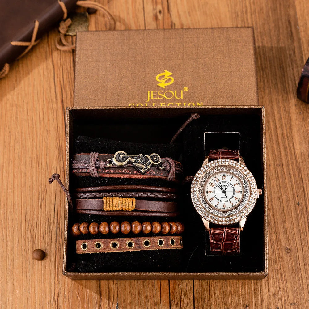 Leather Strap  Bracelet Set Watch Gift Box