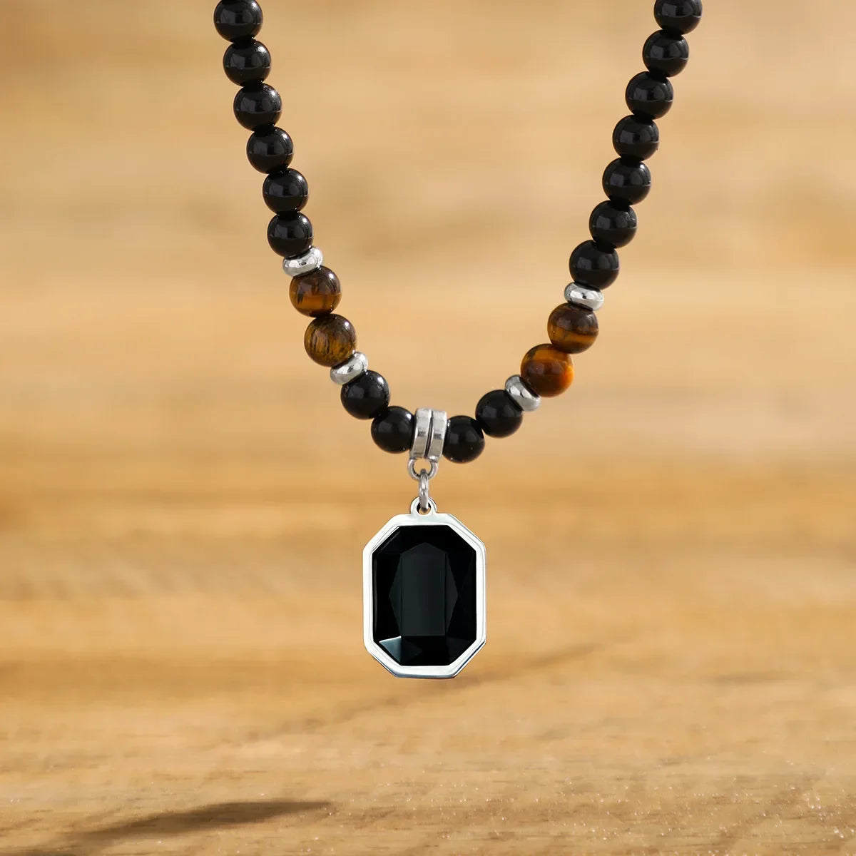 Black Beads with Square Pendant Necklace