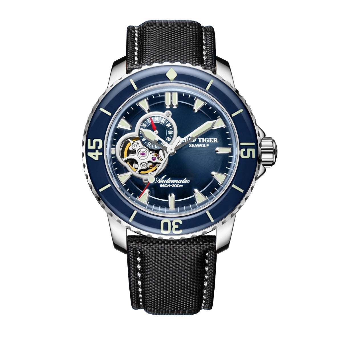 Reef Tiger Men Diver Watch 44mm Luxury Automatic Mechanical Wristwatch 20ATM Waterproof Luminous Sapphire Bezel Skeleton