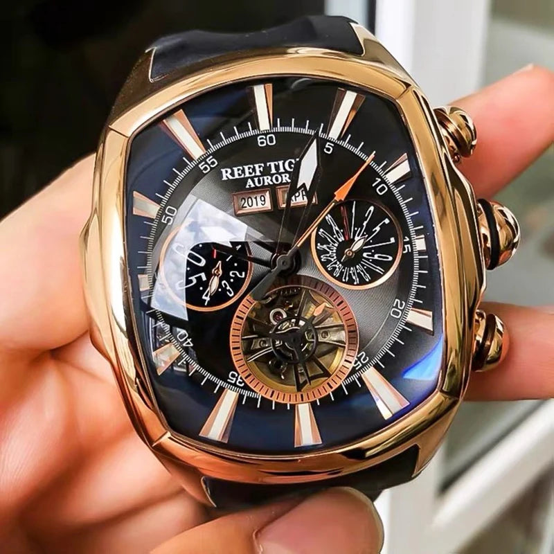 Reef Tiger/RT Big Sport Watch Men Luminous Analog Tourbillon Watches Top Brand Blue Rose Gold Watch