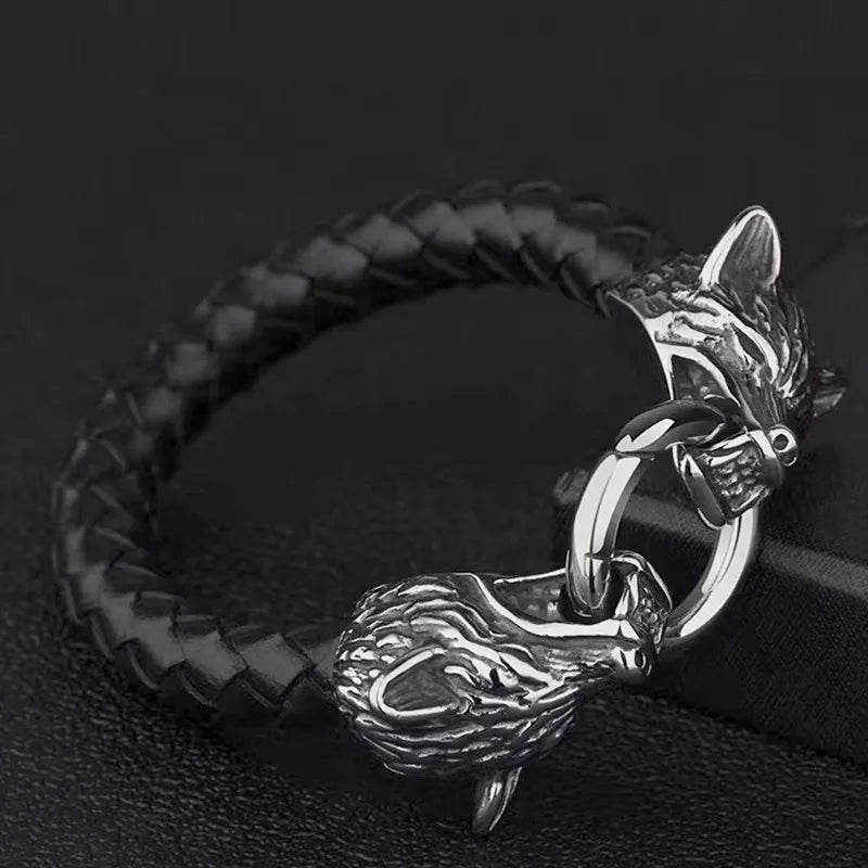 Wolf Head Leather Bracelet Men Domineering  Jewelry Men's Vintage Nordic Jewelry Gift