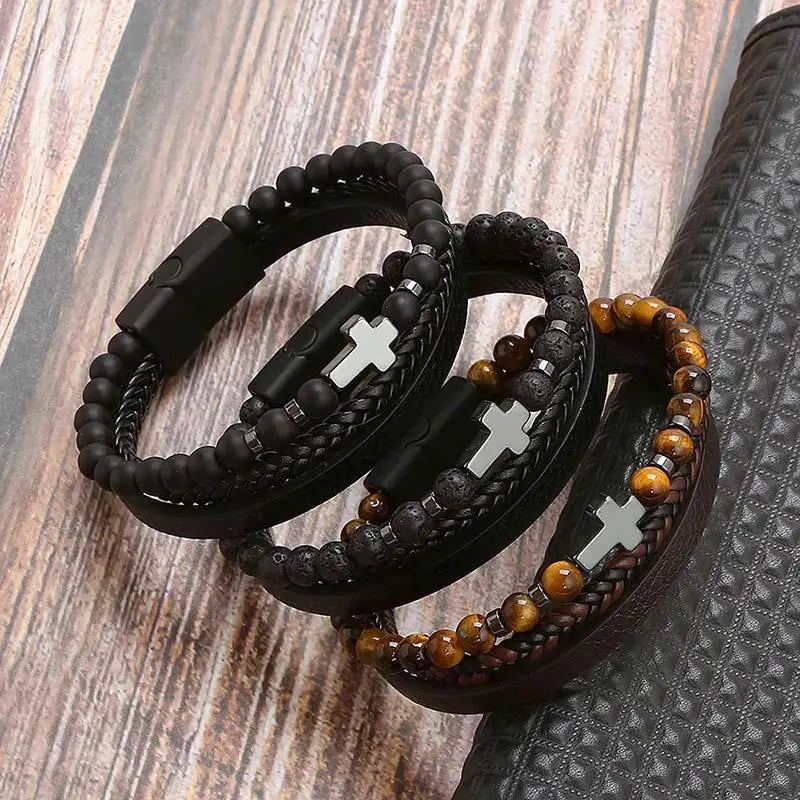 Classic Cross Leather Bracelet For Men Stainless Steel Multi Layer Combination Tiger Eye Bead Leather Bracelet