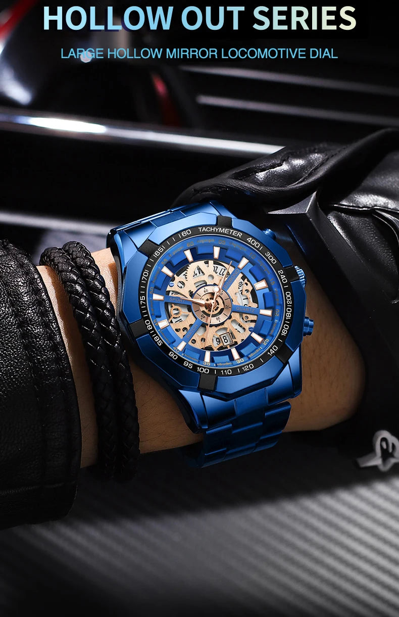 Men's Blue Metal Strap Waterproof Watch