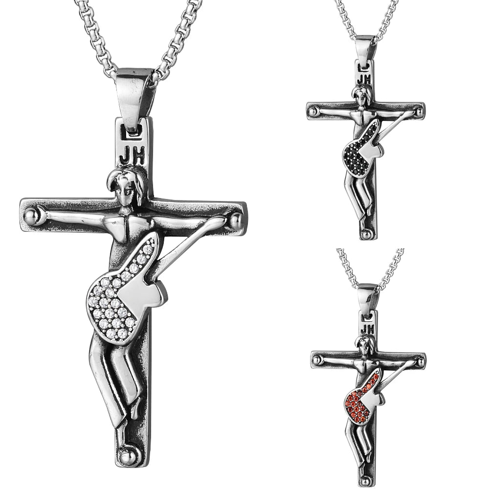 French Rocker Johnny Hallyday Guitar Cross Pendant Necklace Stainless Steel Floating Locket Christian Crucifix Men Jewelry Gift