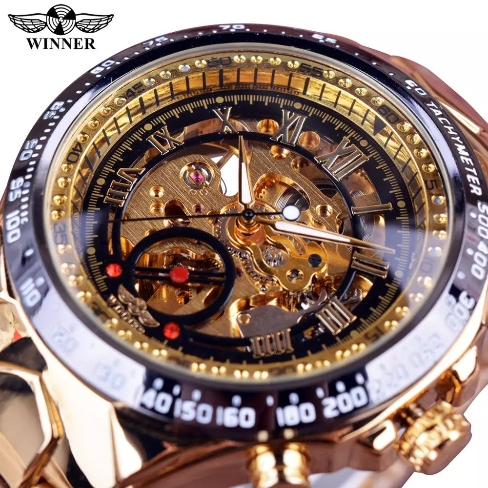 Mens Mechanical  Bezel Golden Watch