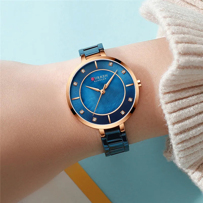 Luxury Gold Blue Ladies Wrist Quartz Watch Stainless Steel Classic Bracelet