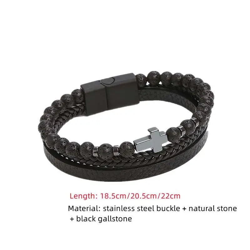 Classic Cross Leather Bracelet For Men Stainless Steel Multi Layer Combination Tiger Eye Bead Leather Bracelet