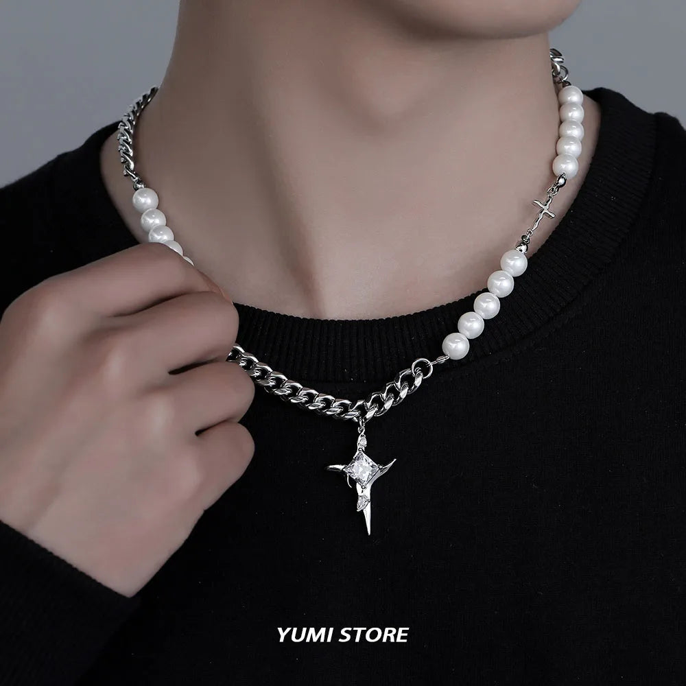 Hip Hop Imitation Pearl Cross Necklace