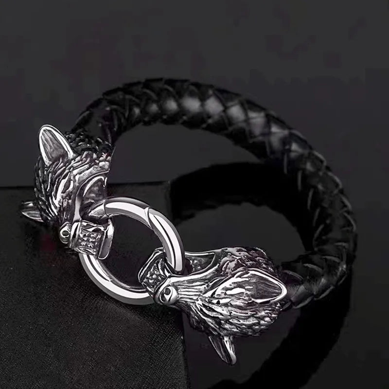 Wolf Head Leather Bracelet Men Domineering  Jewelry Men's Vintage Nordic Jewelry Gift