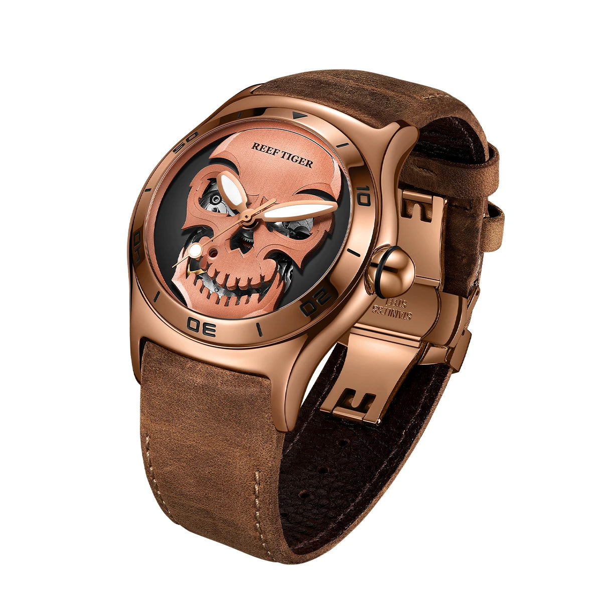 Reef Tiger/RT Top Brand Skull Automatic Mechanical Watch For Men Leather Strap Luxury Sport Male Wristwatch