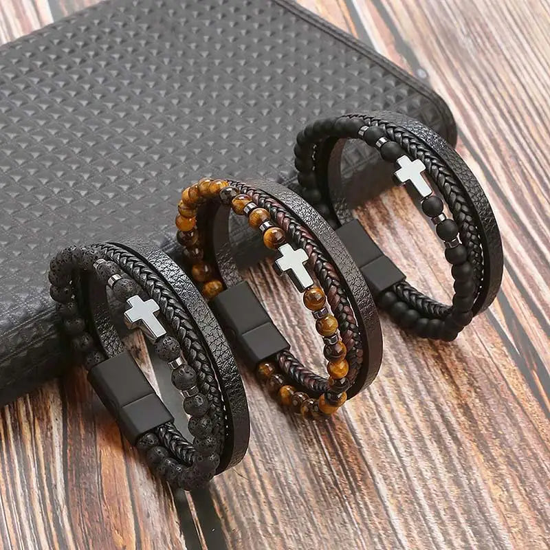 Classic Cross Leather Bracelet For Men Stainless Steel Multi Layer Combination Tiger Eye Bead Leather Bracelet