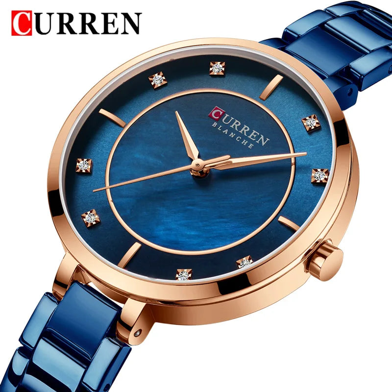 Luxury Gold Blue Ladies Wrist Quartz Watch Stainless Steel Classic Bracelet