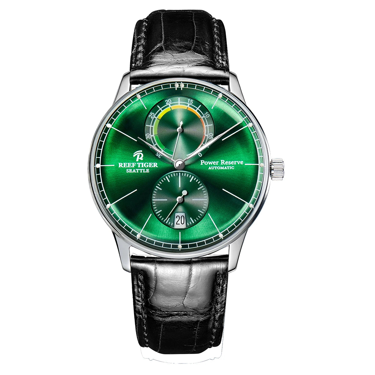 Reef Tiger Designer Mens Steel Green Dial Automatic Mechanical Watch Leather Waterproof Luminous